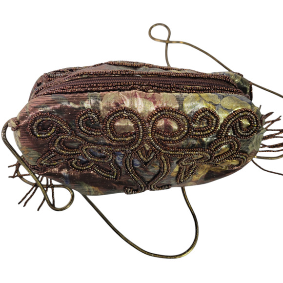 Vintage Magid Shoulder Bag Brown Iridescent Copper Beaded Handmade Shimmer Pouch - Picture 6 of 13
